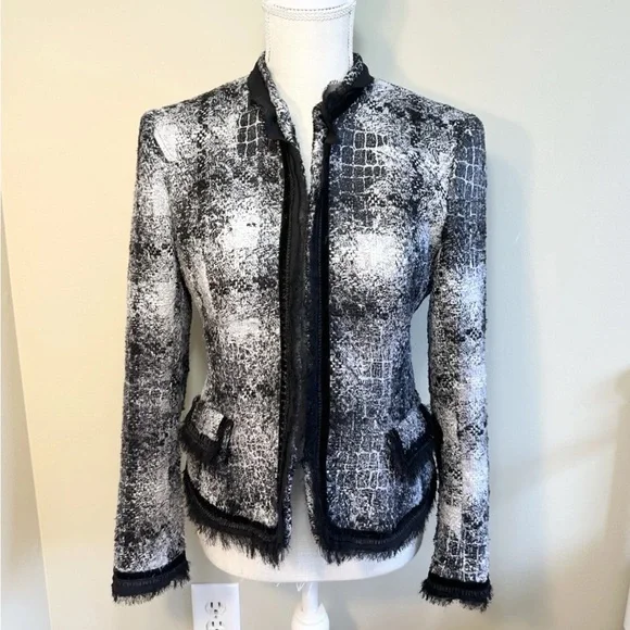 Cache' 6 Tweed Blazer Lined Clasp Closure Chiffon Trim Black White Silver Flat - Picture 11 of 11